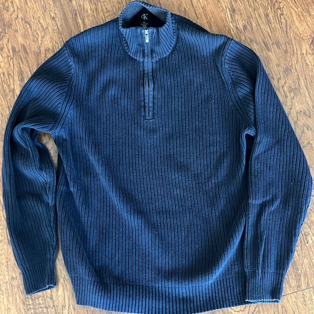 Calvin Klein Mens XL Navy Blue 100% Cotton Ribbed Quarter Zip Sweater Mock Neck